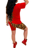 Moda de color rojo Sexy adulto señora leopardo carta dibujo de almazuela contraste color trajes de dos piezas lápiz manga corta dos piezas