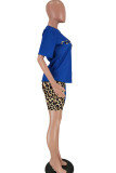 ブルーファッションセクシーな大人の奥様ヒョウレターパッチワークプリントコントラストカラーツーピーススーツ鉛筆半袖二枚