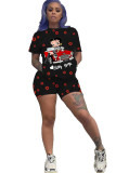 Black Fashion Sexy adult Ma'am Letter Patchwork Print Character Two Piece Suits pencil Short Sleeve Two Pieces