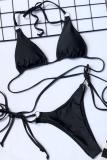 Top corto de nailon negro, trajes sólidos de dos piezas, vendaje de retazos sin espalda, conjunto de Bikinis Sexy a la moda para adultos