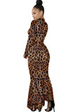 Luipaardprint, sexy kapmouw, lange mouwen, coltrui, staprok, vloerlange camouflage luipaardprint
