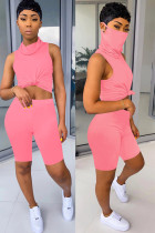 Roze gebreide Mode Sexy volwassen Mevrouw Patchwork Effen Tweedelige Pakken Rechte Mouwloze Twee Stukken