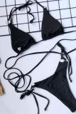 Zwart nylon crop top Effen tweedelige pakken bandage Patchwork backless Mode volwassen Sexy Bikini Set