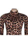 Estampa de leopardo sexy boné manga mangas compridas gola alta saia passo até o chão camuflagem estampa de leopardo