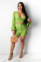 Grüne Mode Sexy Erwachsene Patchwork Solide Zweiteilige Anzüge Gerade Langarm Zwei Stücke