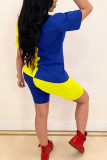 blue and yellow Fashion Sexy adult Ma'am Letter Patchwork Print Two Piece Suits pencil Short Sleeve Two Pieces