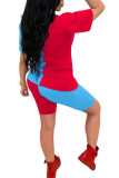 Vermelho e azul moda sexy adulto senhora carta retalhos imprimir ternos de duas peças lápis manga curta duas peças