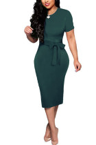 Dark green Fashion adult Sexy Cap Sleeve Short Sleeves O neck A-Line Knee-Length Bowknot Solid Patchw