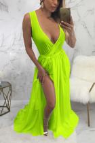 Fluorescent green Fashion Sexy adult White Yellow Fluorescent green Light Blue rose red Light Green purple Tank Sleeveless V Neck Swagger Floor-Length Patchwork bandage Solid split Dresses