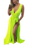 White Fashion Sexy adult White Yellow Fluorescent green Light Blue rose red Light Green purple Tank Sleeveless V Neck Swagger Floor-Length Patchwork bandage Solid split Dresses