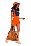 オレンジファッションセクシーな大人のパッチワークプリントツーピーススーツペンシル半袖ツーピース