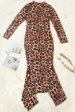 Imprimé léopard, manches longues, col roulé, jupe étape, longueur au sol, camouflage, imprimé léopard