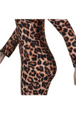 Leopardenmuster, sexy Flügelärmel, lange Ärmel, Rollkragen, Stufenrock, bodenlang, Tarnung, Leopardenmuster