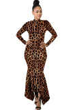 Сексуальная водолазка с леопардовым принтом и длинными рукавами, ступенчатая юбка длиной до пола, камуфляжная с леопардовым принтом