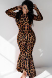 Estampa de leopardo sexy boné manga mangas compridas gola alta saia passo até o chão camuflagem estampa de leopardo