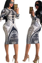 White Fashion Sexy Long Sleeves O neck Knee-Length Print