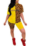 Jaune mode Sexy adulte madame léopard lettre Patchwork imprimé contraste couleur deux pièces costumes crayon à manches courtes deux pièces