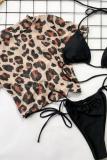 Estampado de leopardo Nylon Patchwork vendaje Estampado Leopardo Un top corto de tres piezas Moda Sexy Bikinis para adultos Conjunto