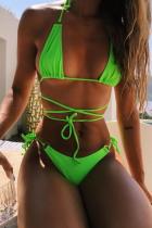 Fluoreszierendes grünes Nylon Crop Top Solide zweiteilige Anzüge Bandage Patchwork rückenfrei Mode Erwachsene Sexy Bikinis Set