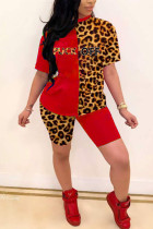 Röd Mode Sexig vuxen fru Leopard Brev Patchwork Tryck kontrastfärg Tvådelad kostym penna Kort ärm Tvådelad