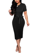 Черная мода для взрослых, сексуальный короткий рукав с короткими рукавами и круглым вырезом, трапециевидная форма, длина до колен, бант, однотонная нашивка