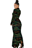 Camouflage sexy kapmouw lange mouwen coltrui staprok vloerlange camouflage luipaardprint
