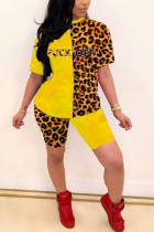 Moda amarilla Sexy adulto señora leopardo letra dibujo de almazuela contraste color trajes de dos piezas lápiz manga corta dos piezas