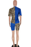 Синий модный сексуальный взрослый костюм с леопардовым принтом и надписью «мэм» в стиле пэчворк, контрастный цвет, костюмы из двух предметов, костюм-карандаш с короткими рукавами из двух предметов