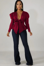 Wine Red cardigan Solid ruffle Patchwork Pure Long Sleeve 
