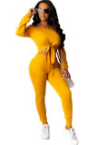 Gelbe venezianische lässige zweiteilige Anzüge, solide, gerade, zweiteilige Hosen mit langen Ärmeln