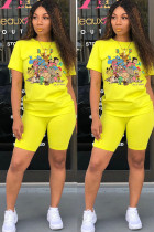 Yellow Fashion Casual adult Patchwork Print Character Two Piece Suits Straight Short Sleeve Two Pieces