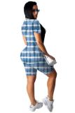 Blue Fashion Casual adult Patchwork Print Two Piece Suits Straight Short Sleeve Two Pieces