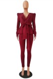 Винно-красный модный костюм для знаменитостей для взрослых, лоскутный костюм из двух предметов с кромкой и рюшами, однотонный карандаш L