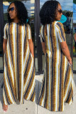 Black Fashion Casual adult Ma'am Black Stripe Cap Sleeve Short Sleeves O neck Swagger Floor-Length Striped Print Polka Dot Dresses