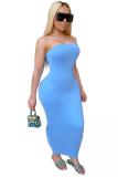 White Fashion Sexy adult White Blue Light Blue Off The Shoulder Sleeveless Wrapped chest Step Skirt Ankle-Length Patchwork Solid backless Dresses