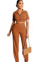Brown Polyester Casual Solid Straight Short Sleeve  Two-piece Pants Set