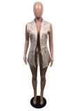 Khaki Fashion adult OL Striped Patchwork Print Two Piece Suits Straight Sleeveless Two Pieces