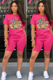 Roze mode casual volwassen patchwork print karakter tweedelige pakken rechte korte mouwen twee stukken