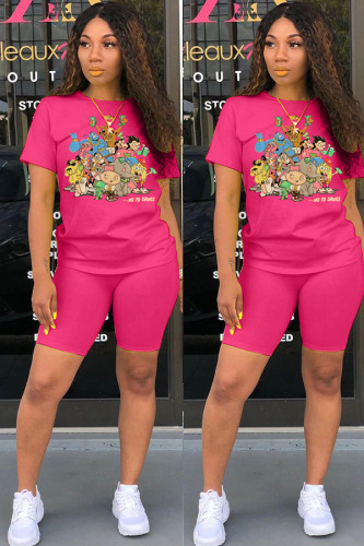 watermelon red Fashion Casual adult Patchwork Print Character Two Piece Suits Straight Short Sleeve Two Pieces