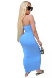 White Fashion Sexy adult White Blue Light Blue Off The Shoulder Sleeveless Wrapped chest Step Skirt Ankle-Length Patchwork Solid backless Dresses