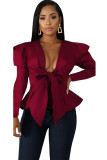 Wine Red cardigan Solid ruffle Patchwork Pure Long Sleeve 