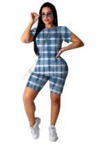 Blauwe mode Casual tweedelige pakken voor volwassenen met patchworkprint Rechte tweedelige pakken met korte mouwen