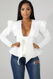 White cardigan Solid ruffle Patchwork Pure Long Sleeve 