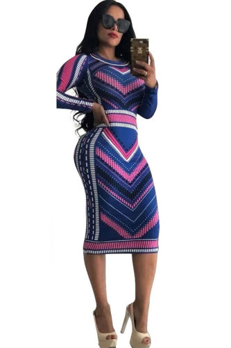 фиолетовое сексуальное модное платье-карандаш с длинными рукавами и круглым вырезом с принтом до колен