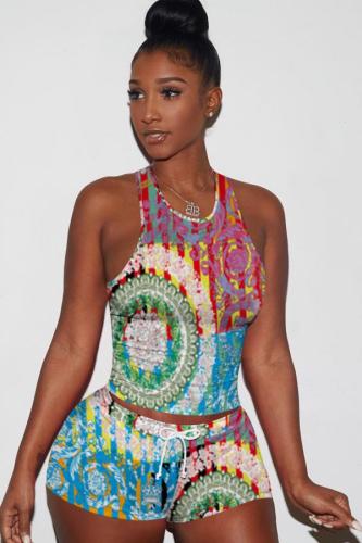 Multi-color Fashion Sexy adult Patchwork Print Character Tie Dye Two Piece Suits Straight Sleeveless Two Pieces