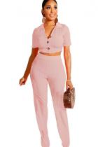 Conjunto de calças de duas peças rosa casual sólido reto manga curta
