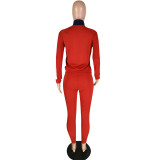 Винно-красные эластичные брюки-карандаш с длинными рукавами и принтом средней длины в стиле пэчворк
