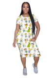 Yellow Fashion adult Street White Black Grey Orange Yellow Black Green cartoon Multi-color Cap Sleeve Short Sleeves O neck A-Line Mid-Calf Print Patchwork Ombre bandage Colouring Dresses