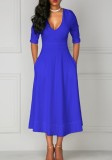 Blue Brief Cute V-Neck Half Sleeve Loose Long Club Dresses