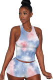 celadon Fashion Casual adult Ma'am Patchwork Print Tie Dye contrast color Two Piece Suits pencil Sleeveless Two Pieces